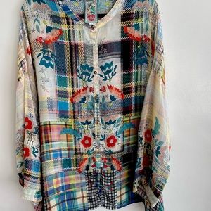 Johnny Was Button Down Silk Patchwork Blouse.  Multi-Colour, Floral.